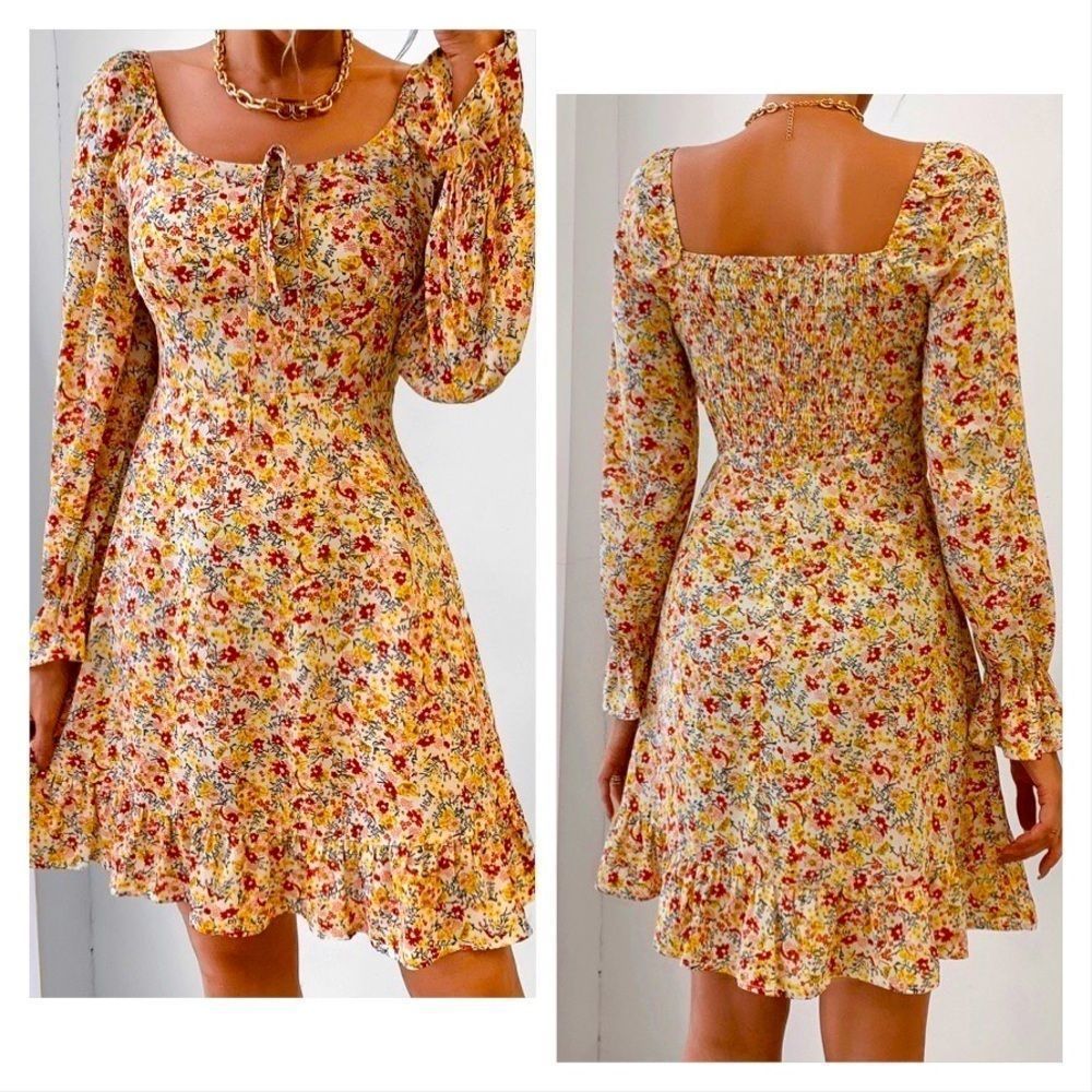 NWT! BOHO COLORFUL DITSY FLORAL PRINT TIE FRONT FLOUNCE SLEEVE DRESS!